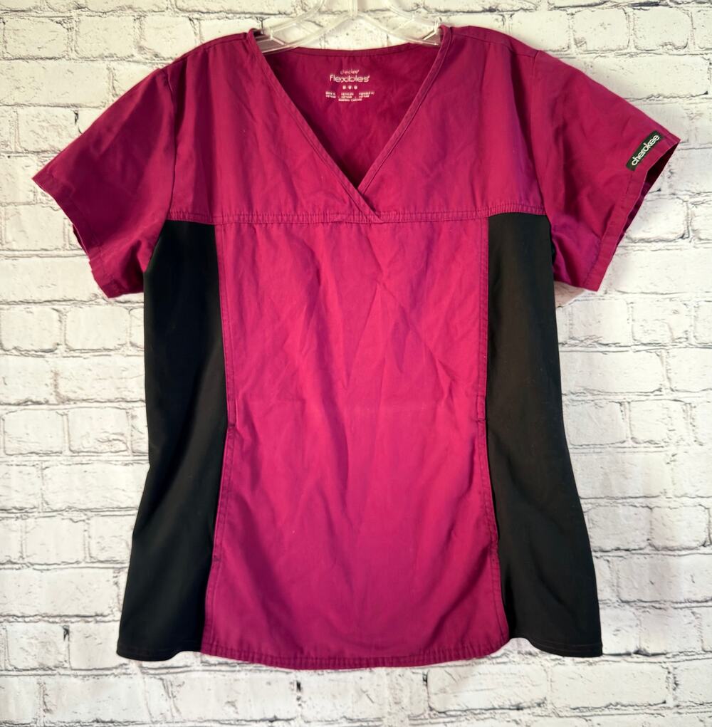 Cherokee Flexibles Scrub Top w/Pockets Women's Maroon & Black Size M